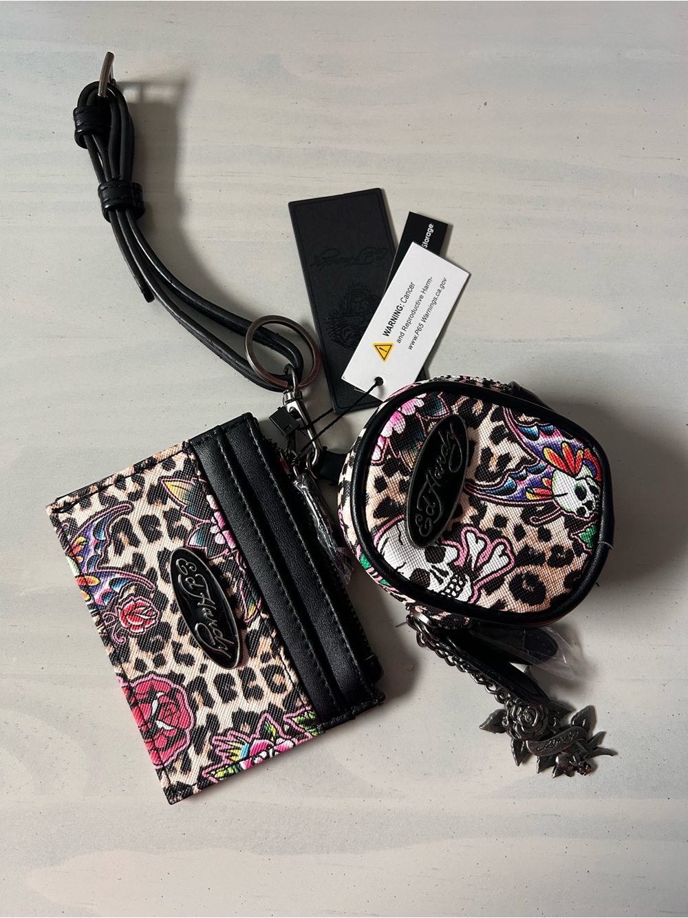 NWT Ed Hardy Leopard Floral Card Wallet & Coin Pouch in Black with Pink Accents
